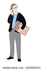 Guy in glasses with a huge calculator in his hands talking on the phone, flat vector, isolate on white, accountant, office worker, faceless illustration