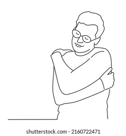Guy with glasses hugging himself. Self love and self care. Hand drawn vector illustration. Black and white.