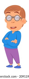 Guy in glasses laughing. Cartoon smart funny character.