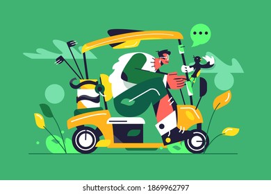 A guy with glasses and shorts rides a golf car