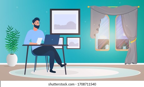 A guy with glasses sits at a table in his office. A man works on a laptop. The concept of finding people to work, view vacancies and resumes. Vector.