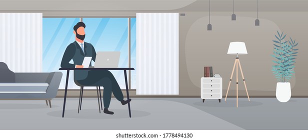 A guy with glasses sits at a table in his office. A man works on a laptop. Office, sofa, bookshelf, business man, floor lamp. Office work concept. Vector.