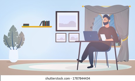 Un tipo con gafas se sienta en una mesa en su oficina. Un hombre trabaja en una laptop.  Concepto de trabajo de oficina. Vector.
