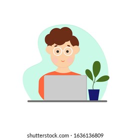 The guy in glasses works at a table on a laptop.Flat style picture
