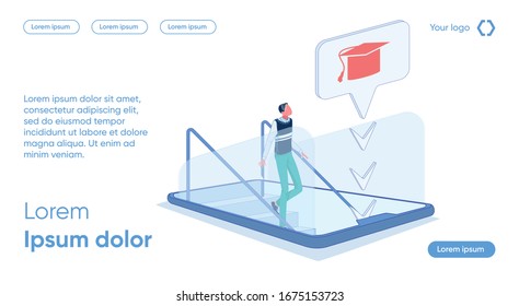 Guy goes Down Screen Smartphone like an Escalator. Development Analysis Skills and Critical Thinking. Gain Communication Skills. Formation Communicative Qualities Personality, Cartoon.