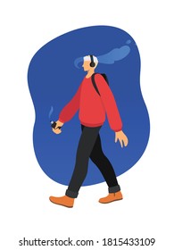 Guy goes and smokes the vaping. Vector illustration on white background.
