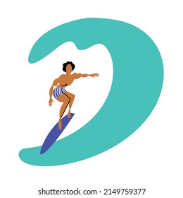 The guy is in good shape. Athletic man. Surfer under the wave on the board. Extreme sport. Flat graphic style illustration