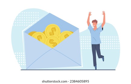 Guy got letter notifying him of payment. Happy man with golden coins in envelope. Salary increase, money payroll, compensation income. Charity and donation. Cartoon flat style vector concept