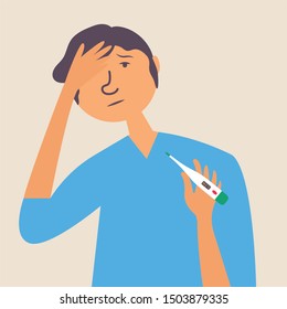 The guy got the virus. Headache, fever. Thermometer. Vector editable illustration