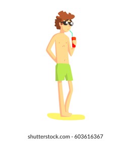 Guy In Green Shorts And Shades Drinking Soda From The Can, Part Of Friends In Summer On The Beach Series Of Vector Illustrations