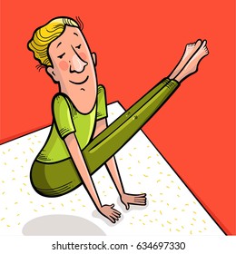 A guy in a green suit makes a stand on his hands. Engaged in yoga. Vector illustration.