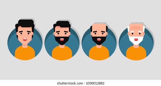 Guy growing old in different stages of life young middle aged and old aged person vector illustration in cartoon style