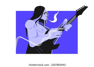 Músico de guitarra tipo tocando en ilustración vectorial de guitarra eléctrica. Personaje artístico masculino fumando y tocando bajo guitarra