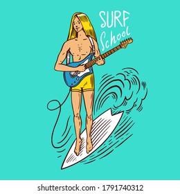 Guy with a Guitar. Surf badge, Vintage Surfer logo. Retro Wave. Summer California. Man on the surfboard. Engraved emblem hand drawn. Banner or poster.