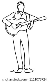 The guy guitarist. Continuous line drawing. Isolated on the white background. Vector monochrome, drawing by lines