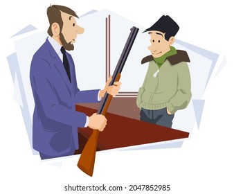 Hombre en la tienda de armas. Hombre hablando con el vendedor. Concepto de ilustración para el desarrollo de sitios web móviles y de Internet.