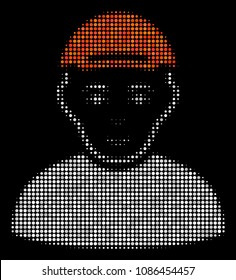 Guy halftone vector pictogram. Illustration style is dotted iconic guy icon symbol on a black background. Halftone texture is sphere spots.