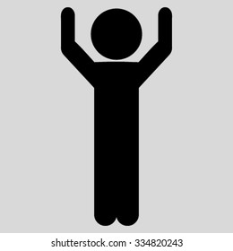 Guy Hands Up vector icon. Style is flat symbol, black color, rounded angles, light gray background.