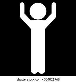 Guy Hands Up vector icon. Style is flat symbol, white color, rounded angles, black background.