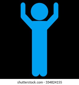 Guy Hands Up vector icon. Style is flat symbol, blue color, rounded angles, black background.