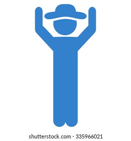Guy Hands Up vector icon. Style is flat symbol, cobalt color, rounded angles, white background.
