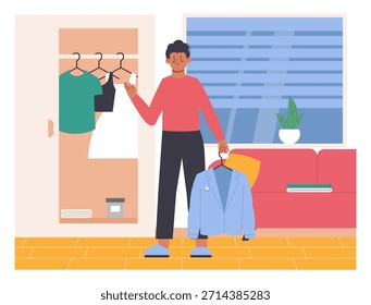O cara segura a jaqueta no armário. Guarda-roupa, guarda-roupa familiar na sala de estar. Homem limpando em casa ou apartamento. Ilustração moderna plana com cena vetorial masculina