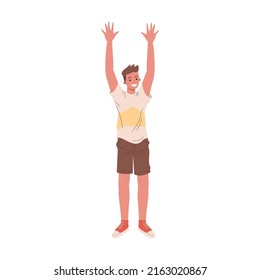 Guy happily raised his hands in the air. Friends tossing mate in air flat vector illustration. Party, friendship, event, fun concept for banner