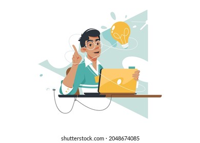 Guy happy with great idea vector illustration. Smart man have insight and discussing plan on laptop flat style. Startup, inspiration and creativity concept. Isolated on white background