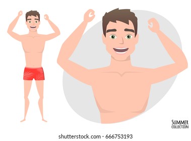 The guy is happy and smiling. Cartoon style man. Emotion of joy and glee on the man face. The man portrait. Men in a beach swimming trunks