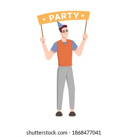 Hombre en ese cono con pancarta de saludo aislado de persona de caricatura plana. Vector con ropa de cama de vacaciones, felicitaciones de carnaval en afiche. Niño con gafas con pancarta, celebración del día de nacimiento