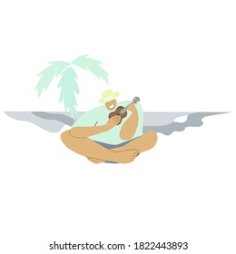 a guy in a hat sits by the sea and plays the ukulele
