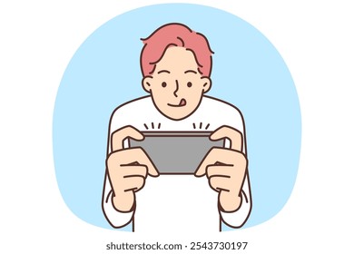 Video Los hombres se divierten jugando al juego en el teléfono celular. Pequeño niño adicto mira la pantalla del teléfono inteligente involucrado en la realidad digital. Ilustración vectorial.