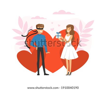 Guy Having Blind Date, People Finding Love, Blindfolded Man and Girl Met through Online Dating Application or Website Vector Illustration