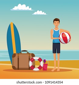 Guy having fun at beach summer cartoons