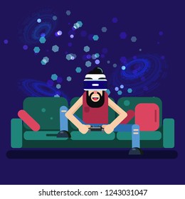 Guy having a good time sitting on the couch wearing virtual reality helmet. Man character on the sofa enjoying VR device Cool vector concept on virtual reality headset in use