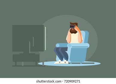 Guy having a good time sitting in armchair wearing virtual reality helmet. Man character in chair enjoying VR device.