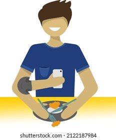 guy is having lunch with the phone in his hands . An extra arm, cyborg. Vector illustration in a simple style for applications, websites and printing