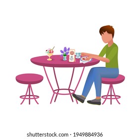  A guy having lunch at a table. Pizzeria, cafe, restaurant, bar. Summer terrace. Summer. Closeup. Cartoon picture. Vector. Flat style