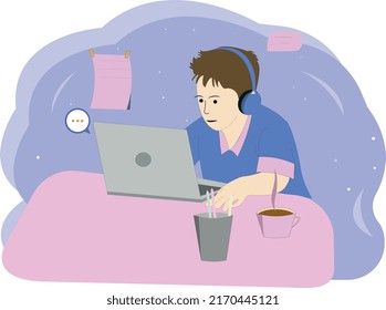 The guy in the headphones is engaged in online training