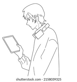 The guy in the headphones holds a tablet in his hands.