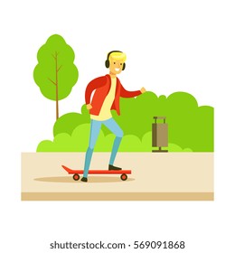 Guy In Headphones On Skateboard On The Street, Part Of People In The Park Activities Series