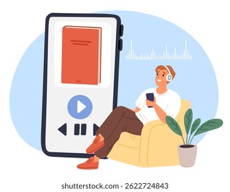 Guy in headphones sitting in soft chair and listening to interesting audiobook. Online library application. Man with headset and smartphone. Phone screen. Smart studying