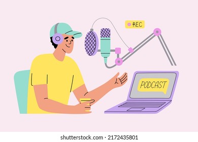 Guy in headphones speaks into the microphone recording podcast in studio. Radio broadcasting, interview, blogging. Hand drawn vector illustration isolated on colored background. Flat cartoon style.