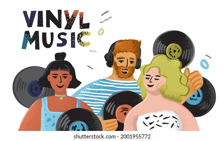 Guy with headphones and two girls with vinyl records isolated on white. Lettering vinyl music. Trendy party with a DJ and modern music. Festival for young people. Cartoon vector illustration