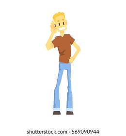 Guy WIth Hearing Amplifier, Young Person With Disability Overcoming The Injury Living Full Live Vector Illustration