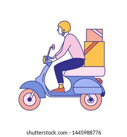 Guy in helmet riding scooter with carton boxes with products from grocery store, shop, supermarket or restaurant. Food delivery service worker or courier. Modern flat colorful vector illustration.