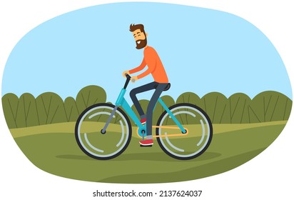 Guy in helmet and sportswear riding in forest. Man rides bicycle on sandy road. Male character doing sports outdoors. Sportsman cycling through trees. Person spends time on background of forest