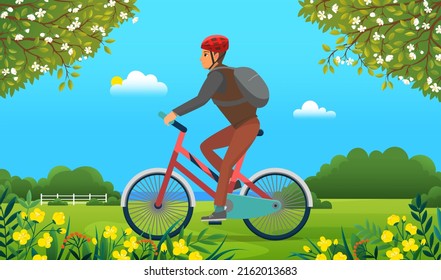 Guy in helmet and sportswear riding in forest. Man rides bicycle in park. Male character doing sports outdoors. Sportsman cycling through trees. Person spends time on background of summer garden
