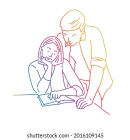 Guy helping a girl do her homework, studying process concept. Rainbow color. Sketch vector illustration.