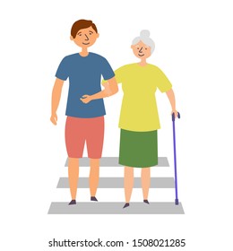 The guy helps the grandmother with disabilities cross the road. The manifestation of kindness. Editable vector illustration